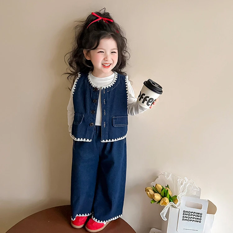 女童花边牛仔套装2025春秋季新款儿童春装马甲三件套宝宝长袖衣服