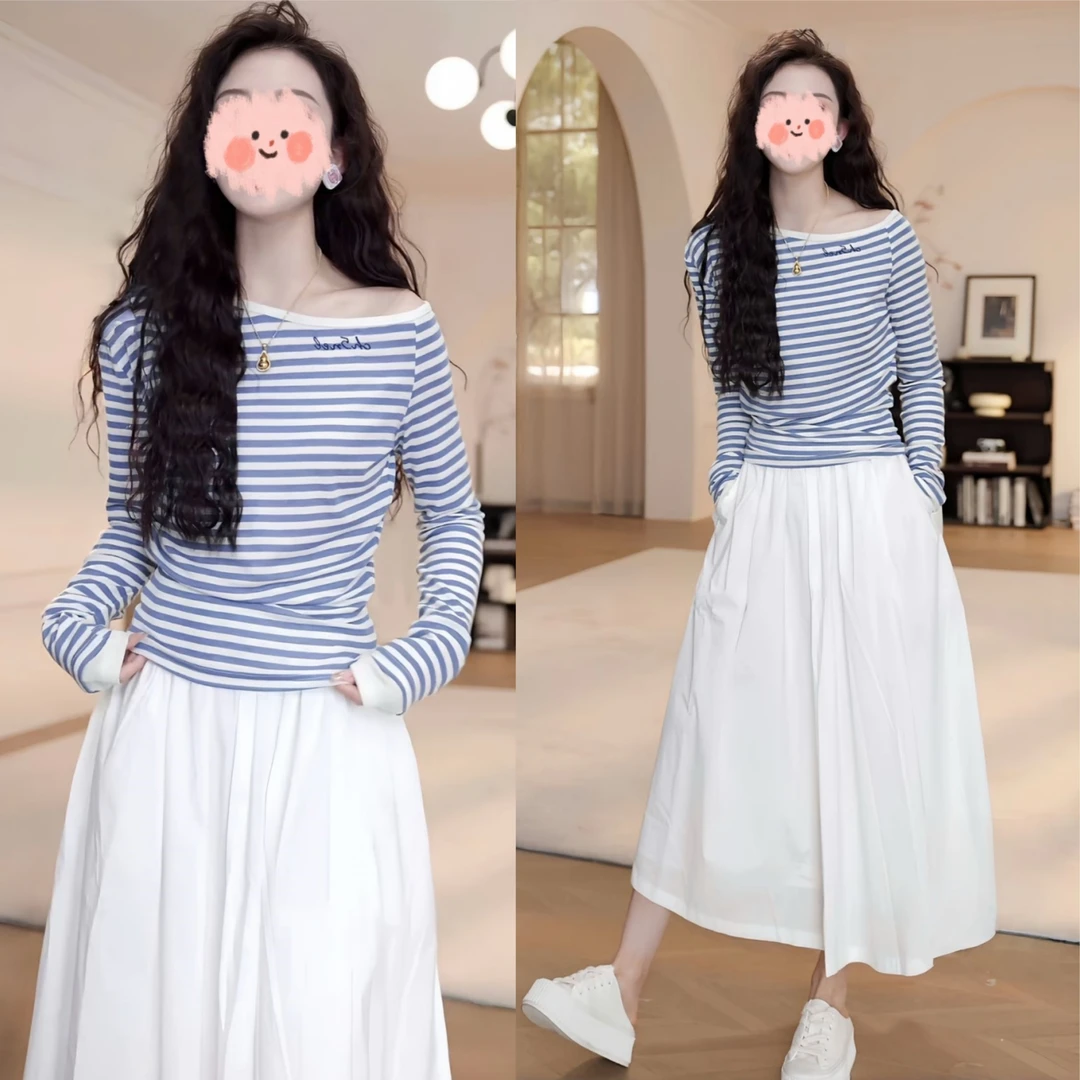 2025春季新款时尚气质洋气字母条纹长袖T恤+高腰半身裙两件套女