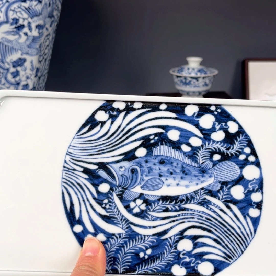 毛***8青花蓝底白花茶盘