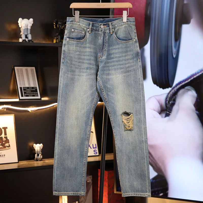 复古高端日系冬款破洞百搭丹宁潮流阔腿新款直筒宽松牛仔裤男士
