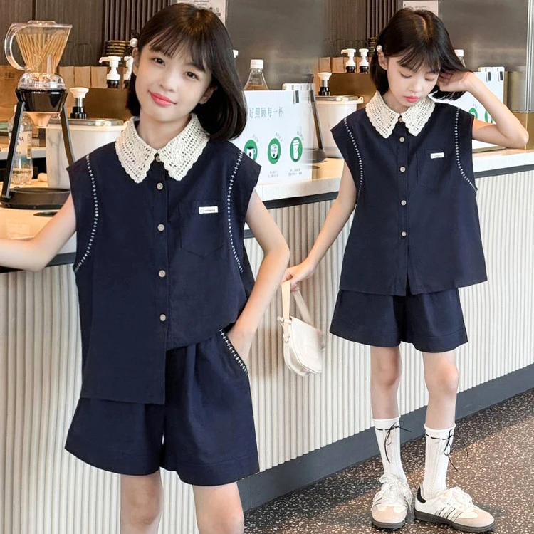 儿童夏装洋气时尚中大童时髦休闲学院风韩版宽松无袖短裤女孩上衣