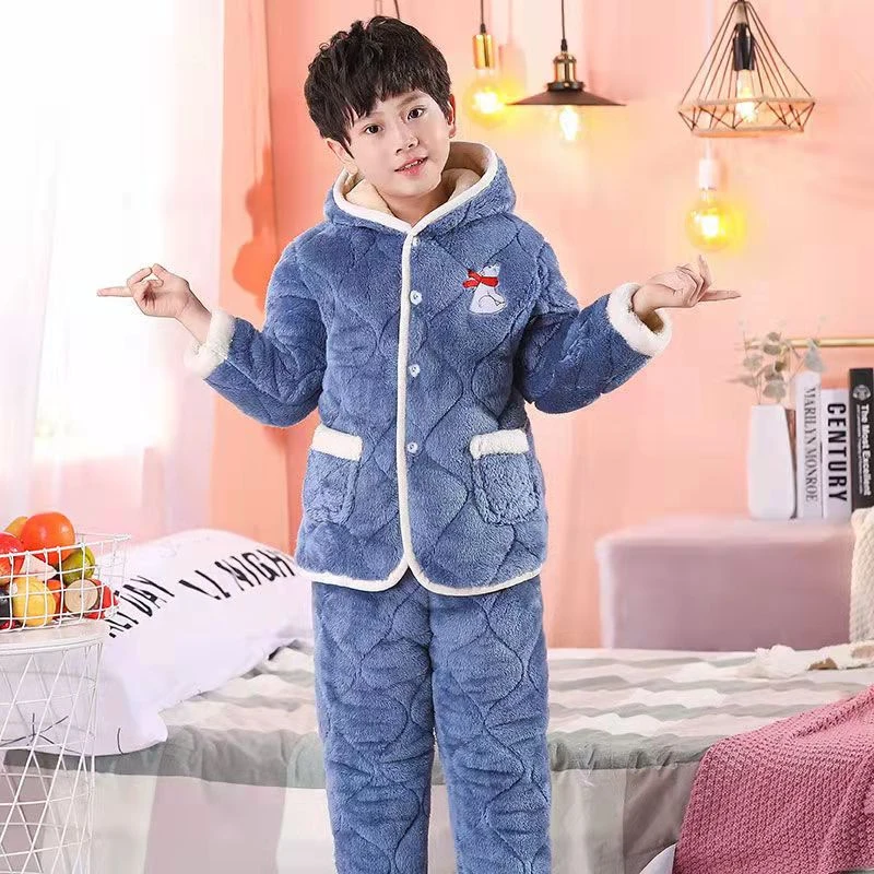 新中长保暖女孩宝宝冬儿童款睡衣加厚带帽米粒绒三层夹棉套装公主