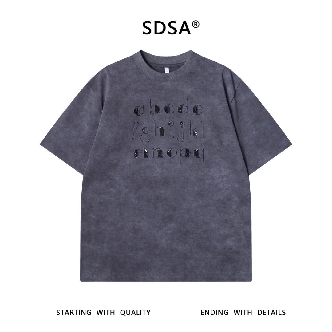 夏季高级感新款韩版钉珠刺绣字母圆领短袖T恤简约百搭套头上衣