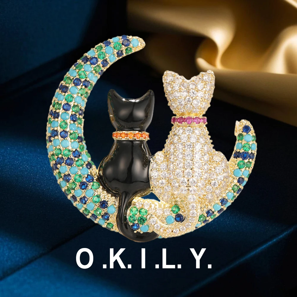Okily 铜合金锆石胸针 锆石珐琅月亮子母猫胸针BR0170
