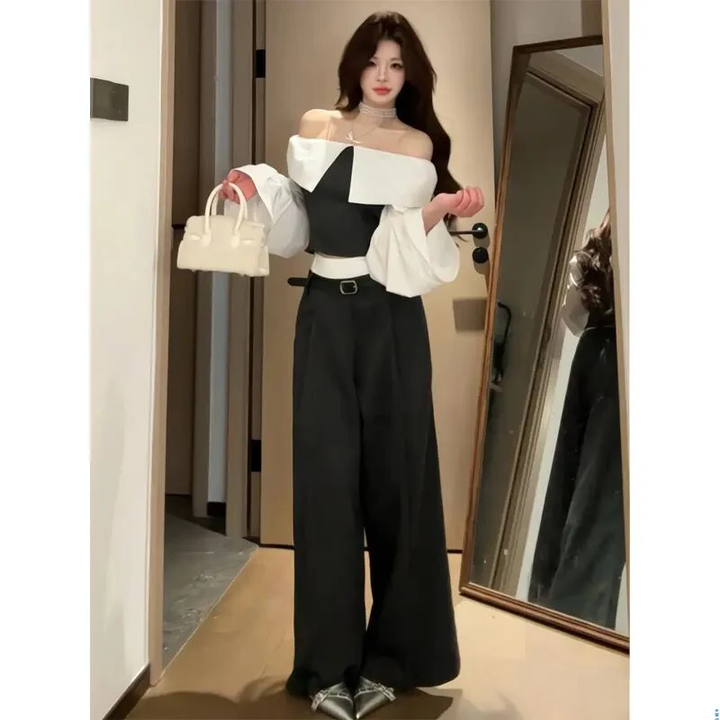 露肩一字肩设计感衬衫长袖修身显瘦上衣阔腿西装裤直筒长裤2025年