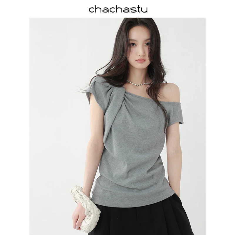 CHACHASTU单侧立体扭结不对称设计 肌理感遮肉短袖TZRS1659