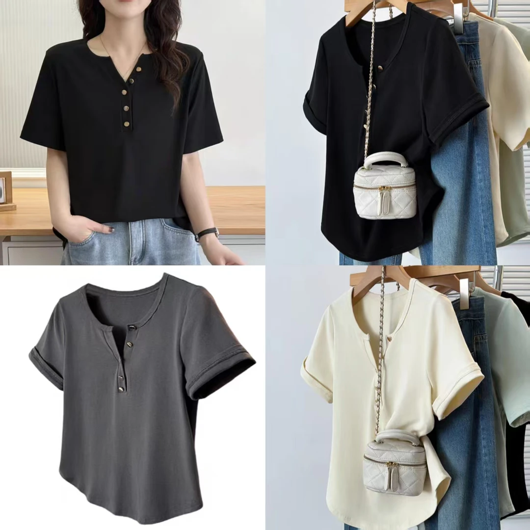 胖MM夏季显瘦宽松百搭气质T恤大码女装小众设计感韩版v领纽扣上衣