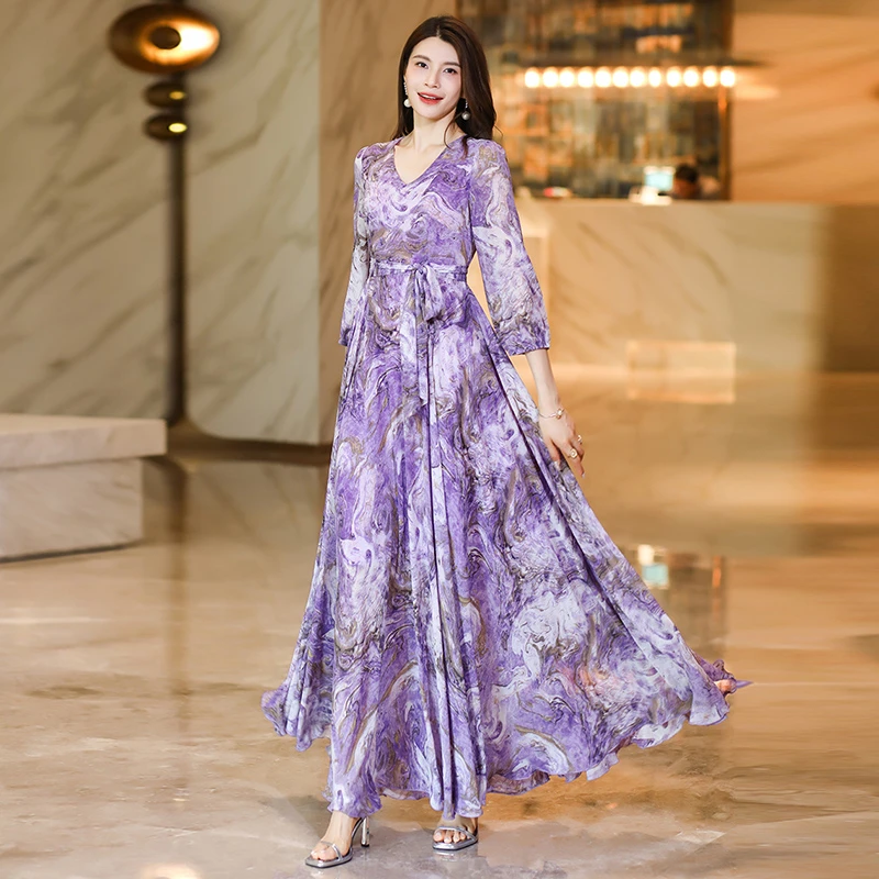 夏季印花长款七分袖长裙连衣裙宴会高贵显瘦优雅碎花女装轻奢