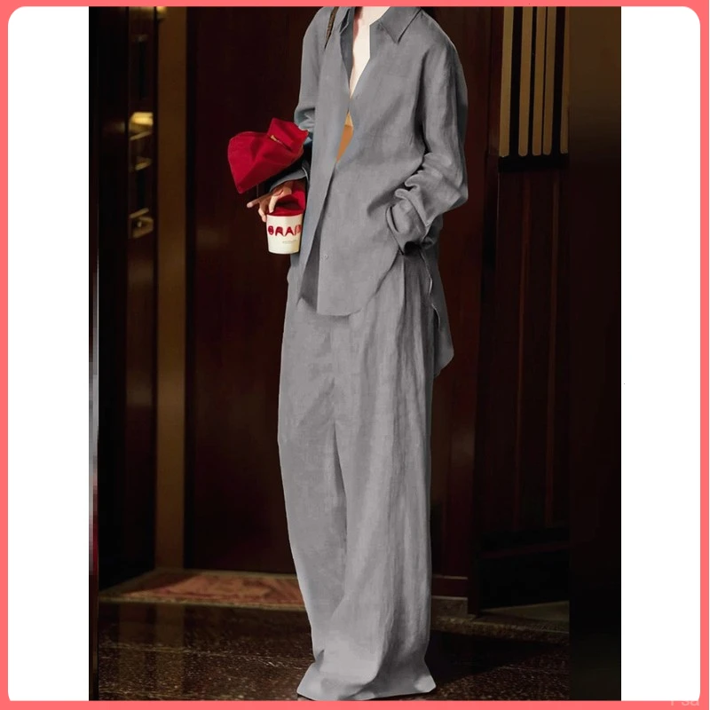 2025年秋季polo领深灰色休闲长袖衬衫阔腿裤老钱风两件通勤套装女