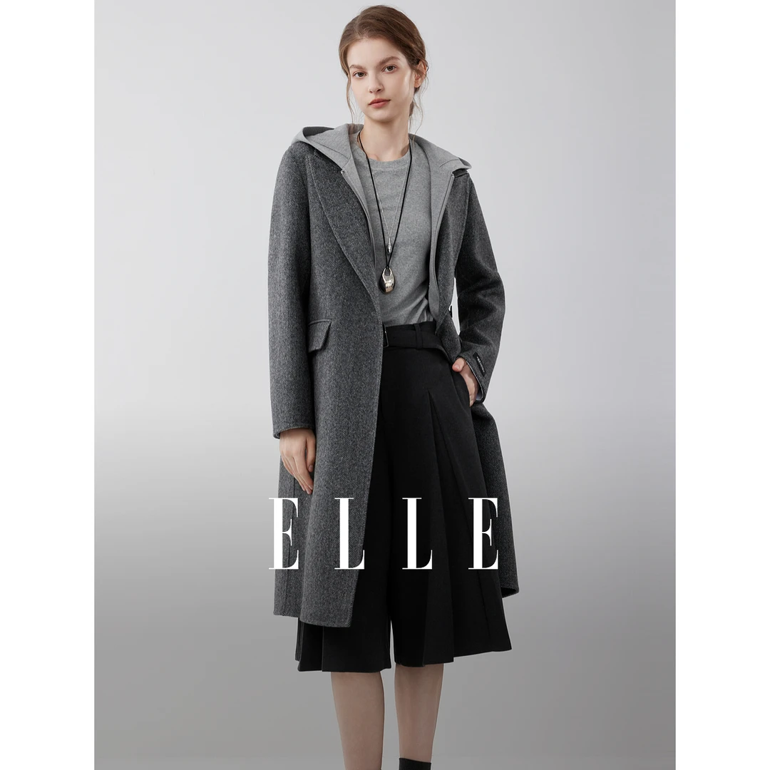 ELLE女装人字纹连帽大衣2025冬季新款宽松气质毛呢外套EN52919