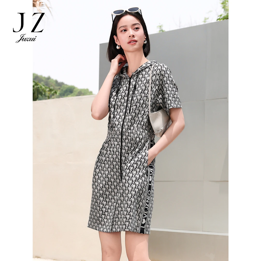 商场同款JZ玖姿JWEQ50056老花复古休闲连衣裙女装2024秋季款