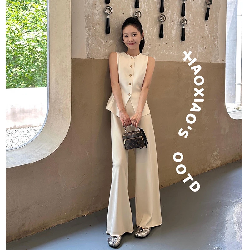 高智淡人休闲风时尚套装小众气质轻奢风职场无袖马甲长裤两件套女