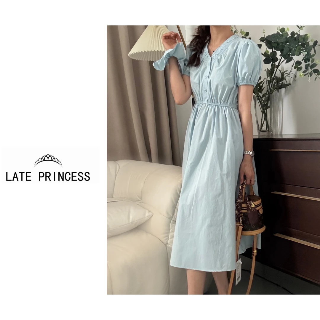 LATE PRINCESS【素简】夏季新款连衣裙泡泡袖休闲时尚显瘦带发圈