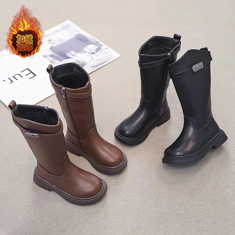 儿童加绒靴子2024年秋冬新款女童中大童时尚皮靴侧拉链123长靴