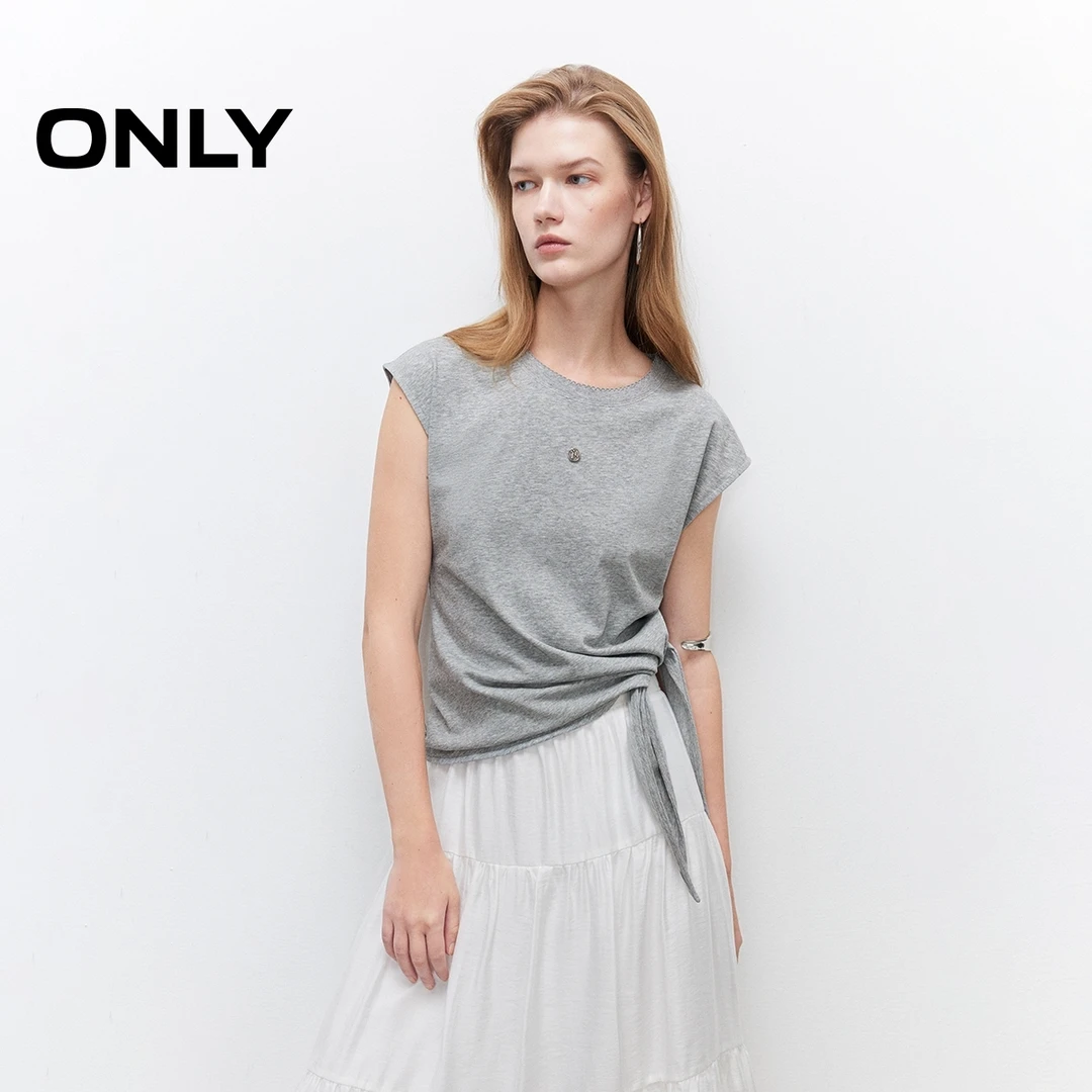 ONLY夏季轻奢显瘦“系结下摆”花边T恤女纯欲慵懒风品牌|125201034