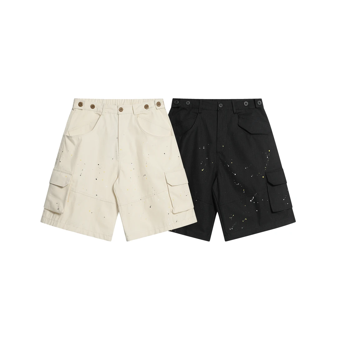 RIGOCOKN【工装系列】复古涂鸦泼墨重磅竹节棉多口袋短裤阔腿直筒