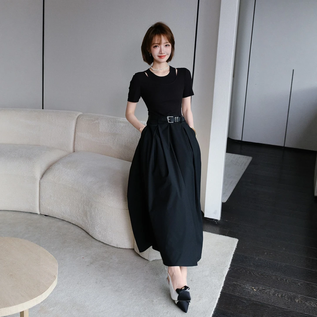 【现货】MIUCO露肩圆领短袖假两件高腰拼接伞摆长裙高腰连衣裙D4377