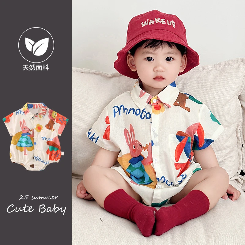 男宝宝衣服夏季薄款夏装婴儿短袖连体衣夏季外出服假背带裤两件套