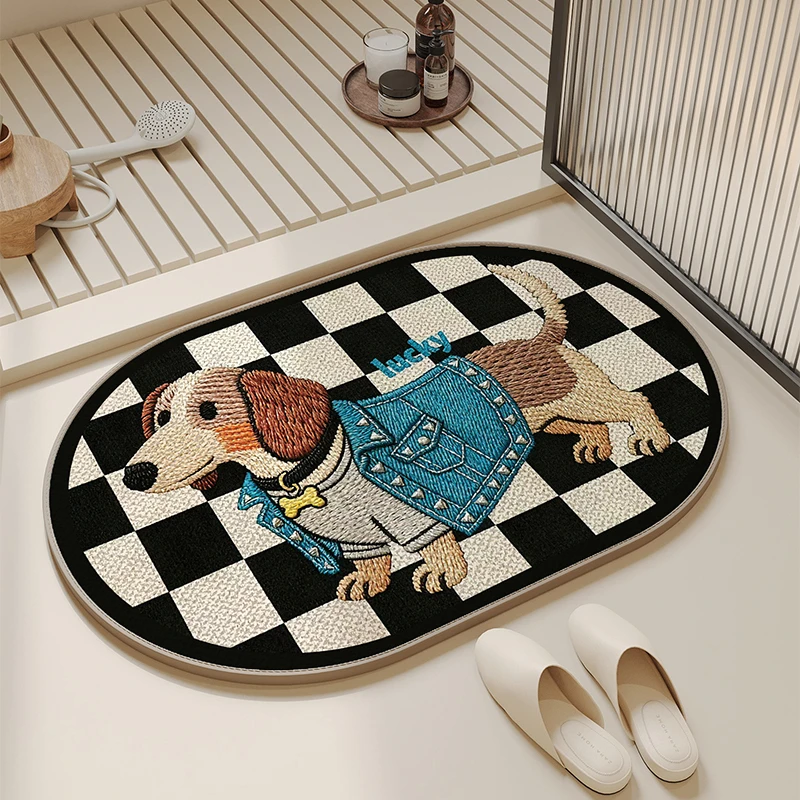 黑白格格汪椭圆亚麻编织浴室吸水速干防滑家用卫生间门口实用脚垫