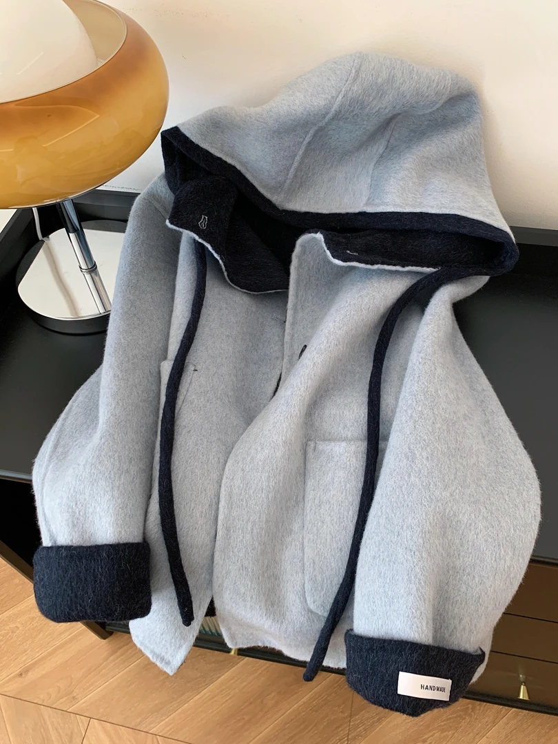 韩系撞色设计感拼接连帽毛呢外套女2025秋冬新款气质温柔减龄上衣
