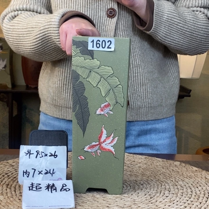 紫砂花盆 超精品果绿彩绘金玉满堂四方直签筒1602