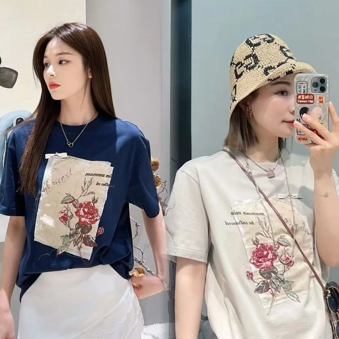 【J/R插画贴布绣T恤】2025夏新品玫瑰花字母印花圆领短袖宽松T恤