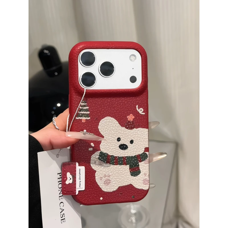 圣诞小熊适用苹果17pro手机壳16p皮纹tpu小众华为p80荣耀oppo小米
