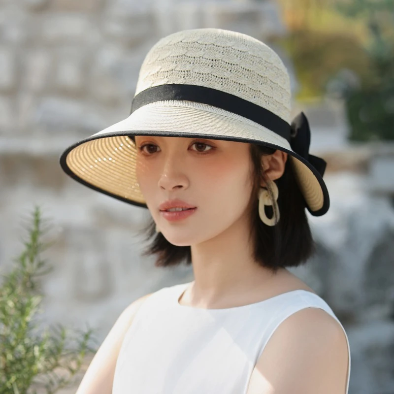 韩版夏季女小香风蝴蝶结草编遮阳帽户外防晒太阳帽出游沙滩渔夫帽