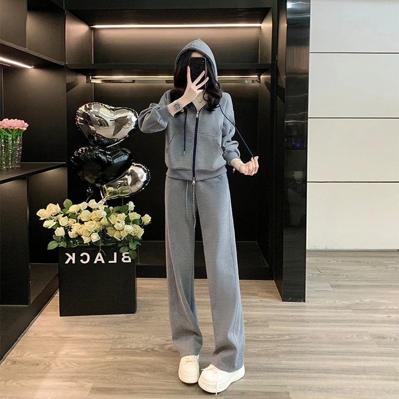 2025秋时尚减龄休闲运动套装女宽松洋气灰色外套上衣阔腿裤两件套