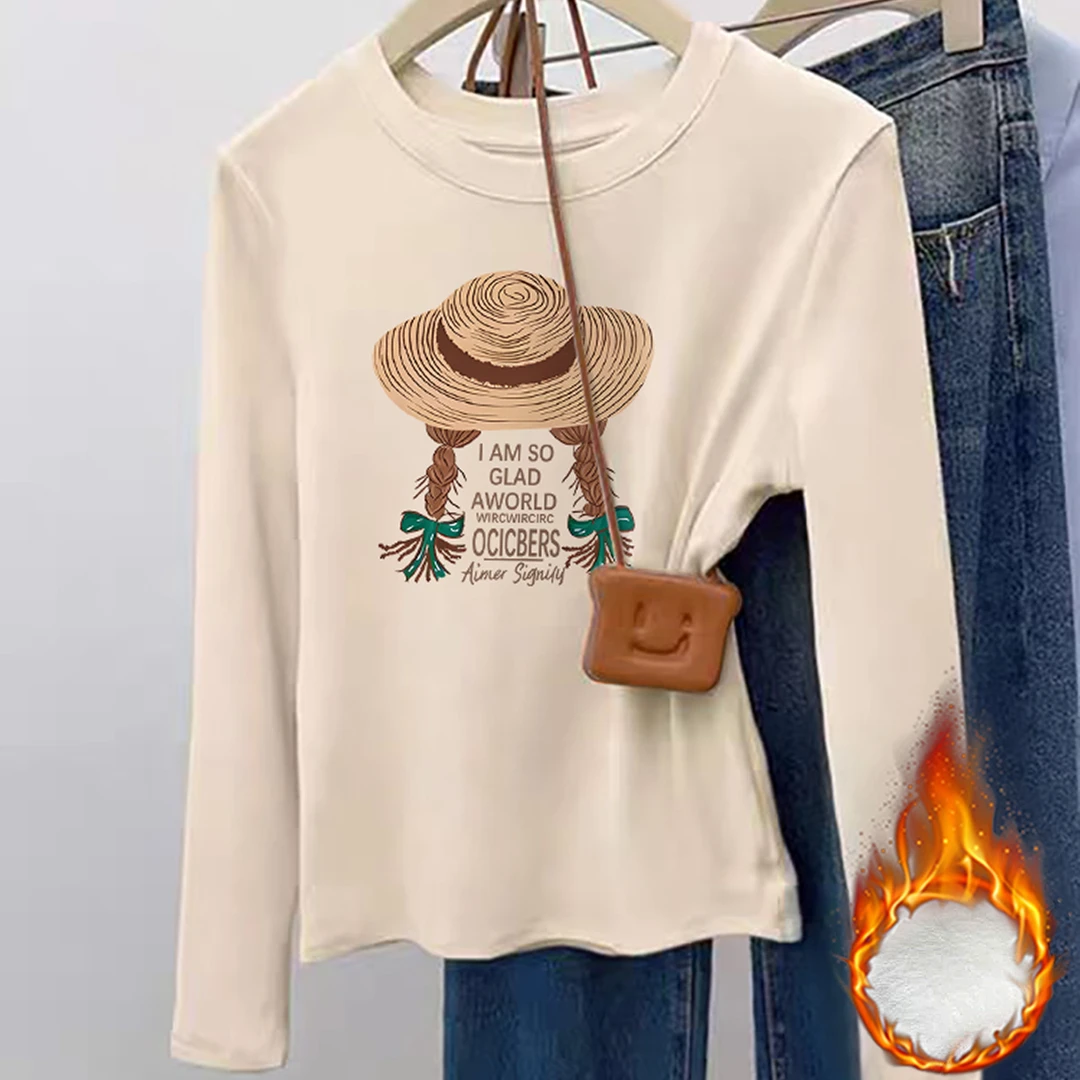 婳娇双面德绒长袖奶油色简约T恤女新款宽松显瘦百搭圆领秋冬上衣