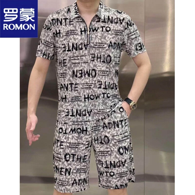 罗蒙夏季新款潮牌时尚翻领拉链Polo衫套装男士帅气短袖短裤两件装
