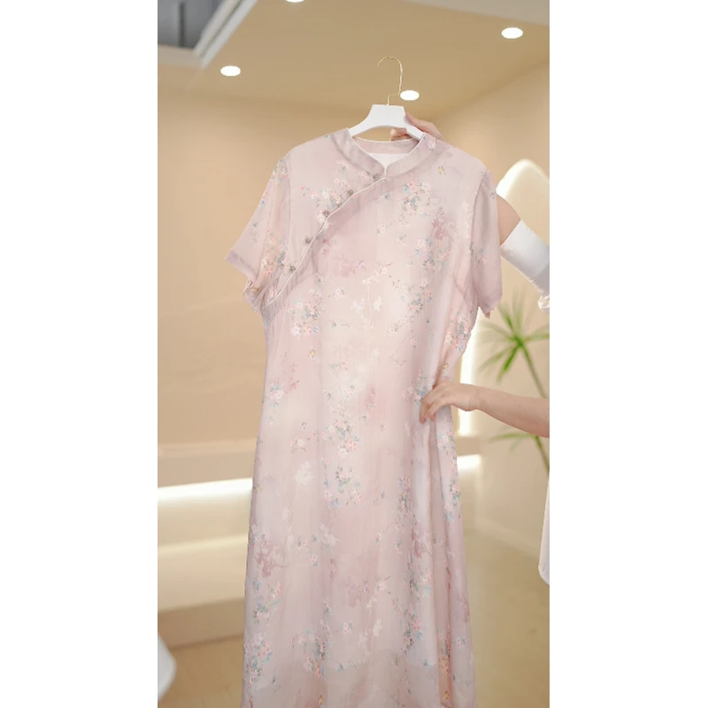 【梅染】大码旗袍长款连衣裙胖MM中式连衣裙宽松遮肚子高端显瘦004