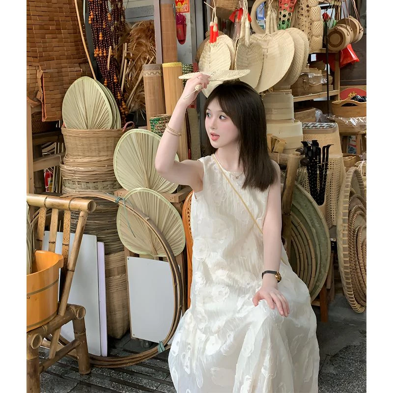 韩系温柔风连衣裙2025新款夏季圆领无袖小个子甜美减龄气质背心裙