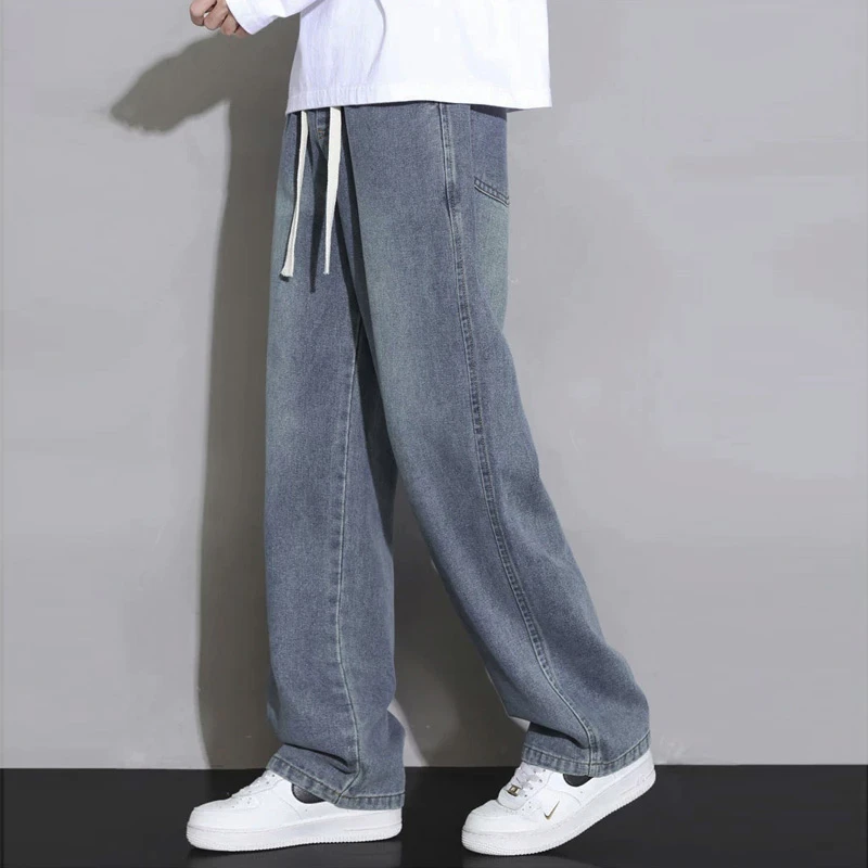 113秋冬新款牛仔裤男高腰宽松透气阔腿裤松紧腰宽松直筒长裤