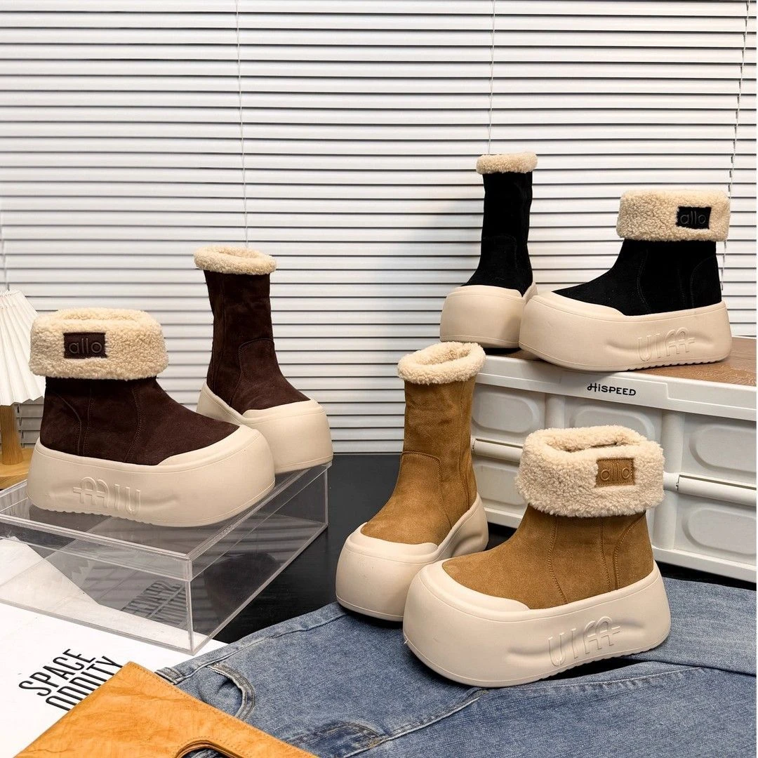 cu冬季加绒加厚保暖棉靴女小个子厚底增高雪地靴翻领两穿中筒棉鞋