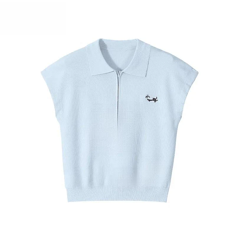 蓝色半拉链polo领针织短袖T恤女夏季小个子甜美气质短款气质上衣
