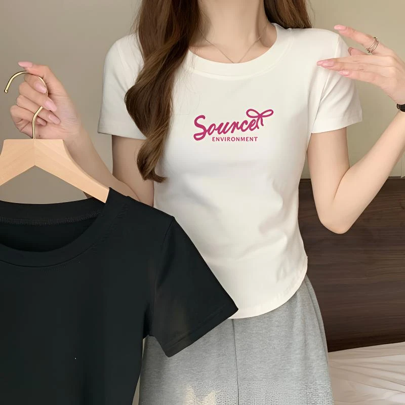 【字母蝴蝶结】百搭夏季圆领短袖T恤女不规则半袖修身显瘦t恤上衣