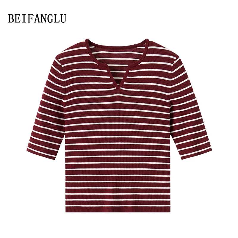 北方鹿【100精纺羊毛】早秋新品气质小V领条纹显瘦百搭针织衫251020