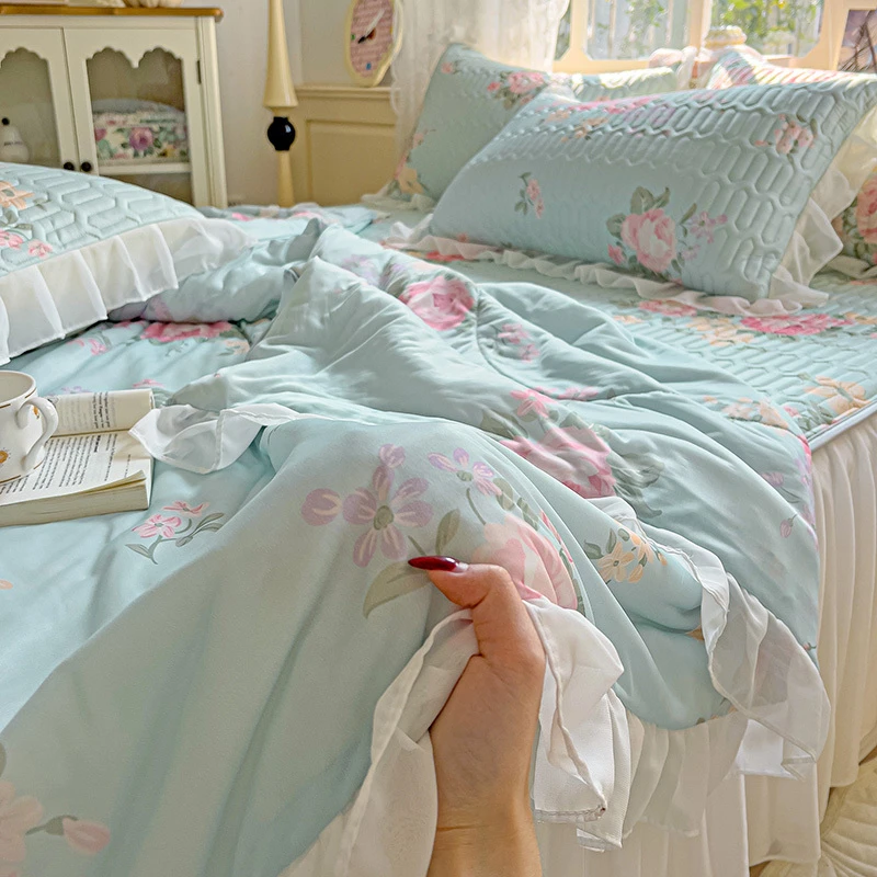 夏季凉感冰丝凉席夏被四件套床裙款可水洗夏凉被软席三件套空调被