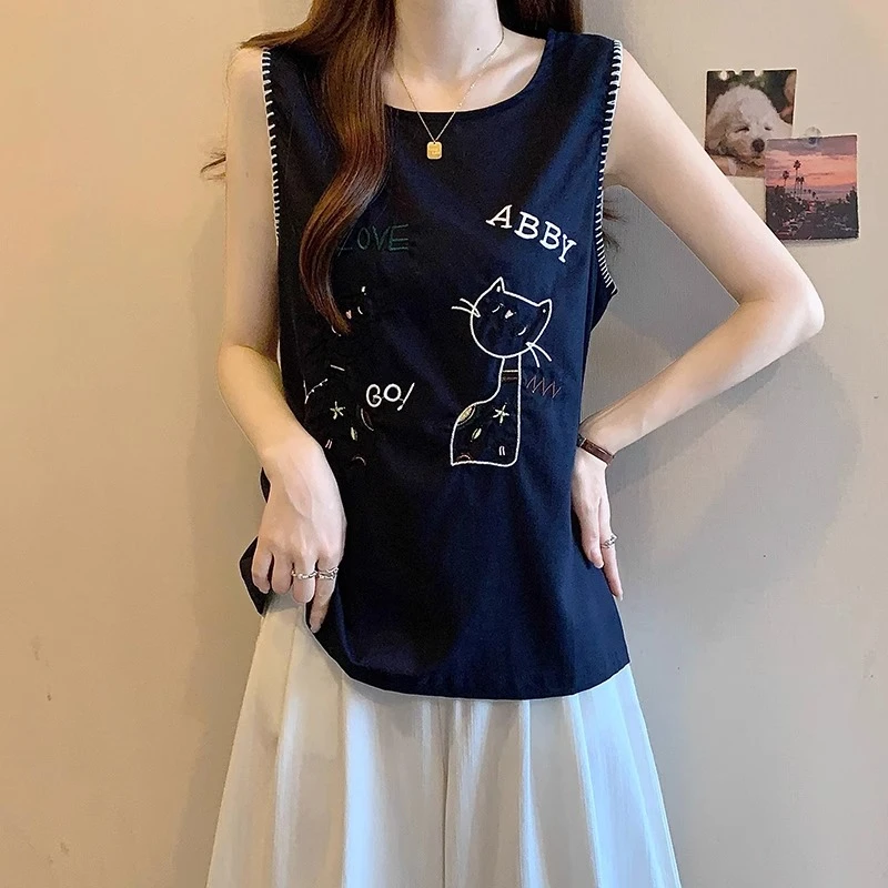 微胖mm显瘦遮肉设计感刺绣吊带背心女夏外穿大码修身独特无袖上衣