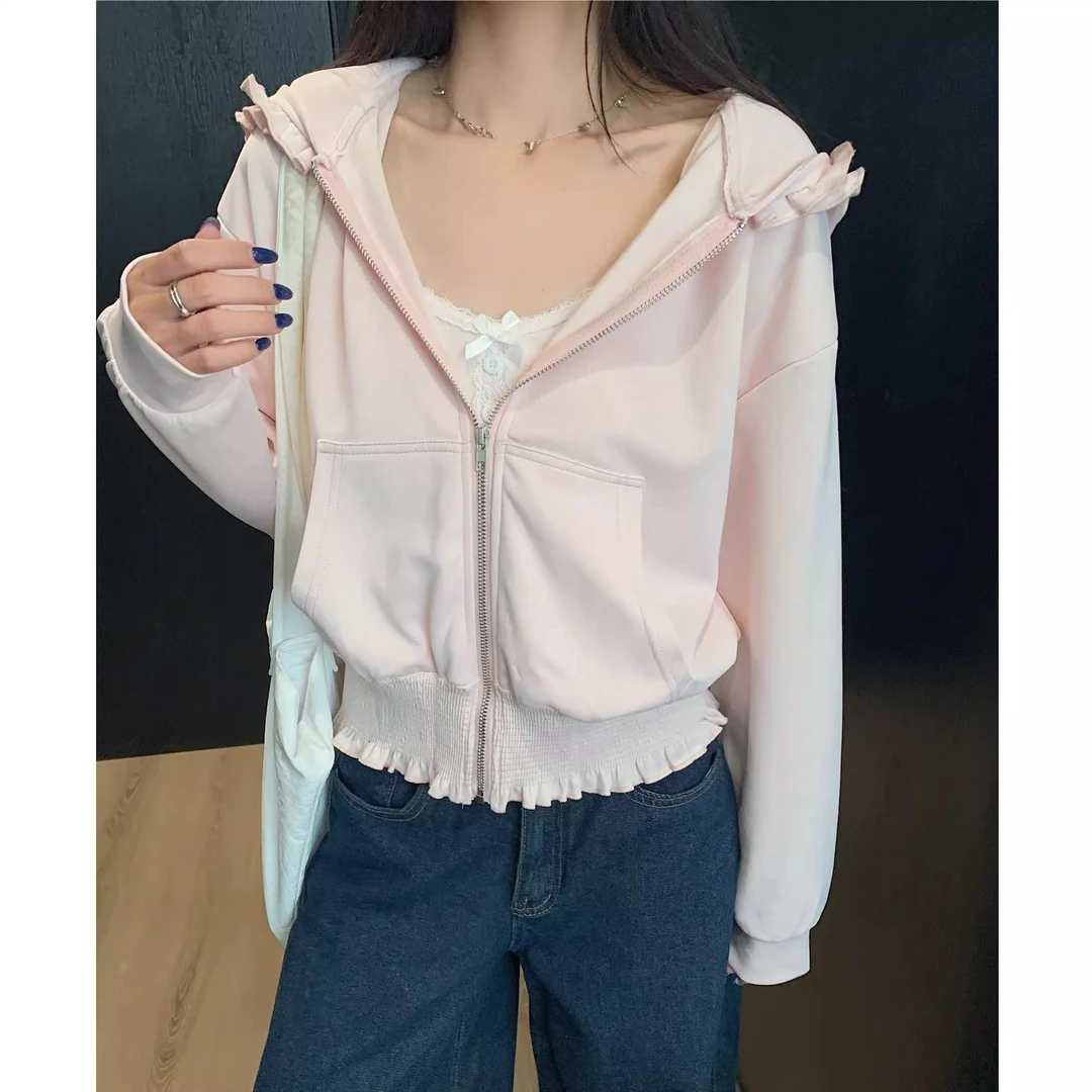 韩系粉色拉链连帽卫衣外套女秋季外搭开衫木耳边长袖小众上衣帽衫