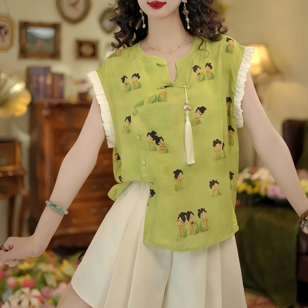 扣子家同款【清平乐】夏款无袖新中式衬衫国风印花宽松上衣 6163