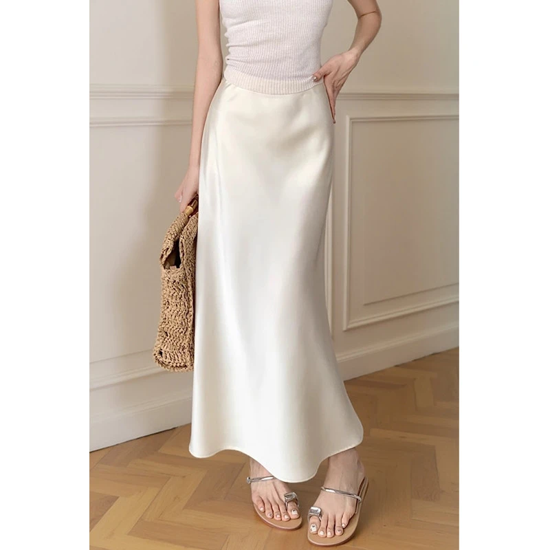 米白色缎面半身裙女春夏2025新款醋酸高级优雅国风a字包臀鱼尾裙