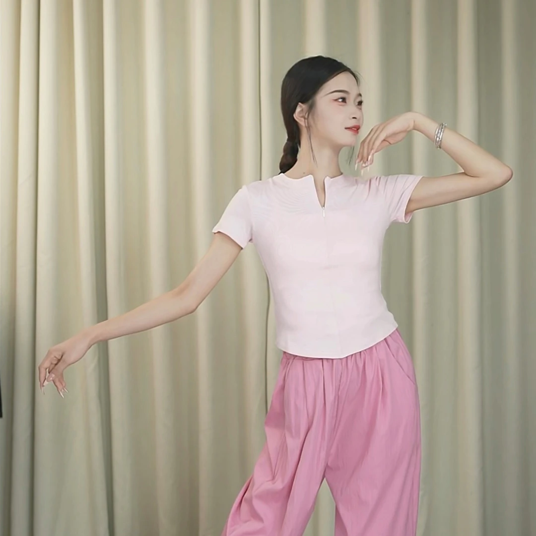 日常形体服现代舞古典舞练功夏季正肩短袖女拉链上衣中国舞舞蹈服