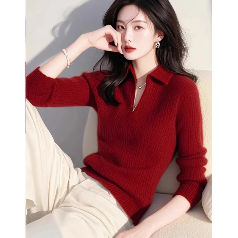 YY#今年流行慵懒针织上衣漂亮冬季新款红色洋气减龄毛衣DY12037