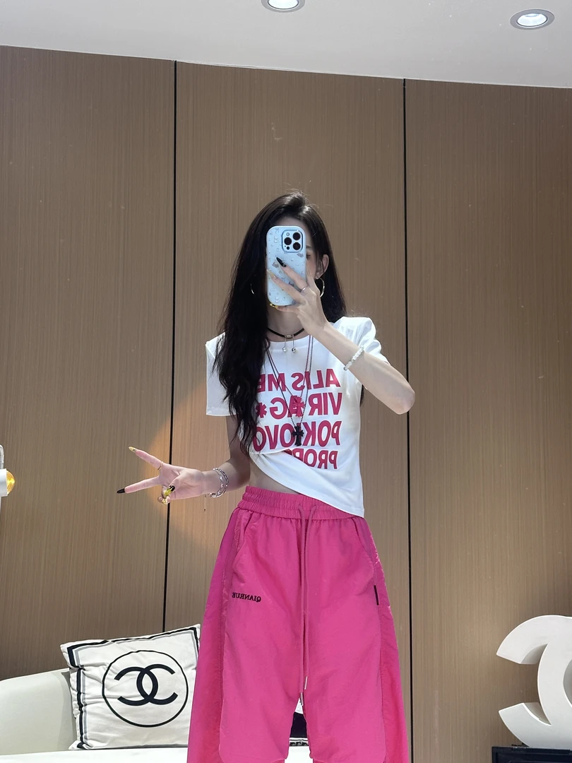 XX8137【印花字母小花朵T恤】夏季新款甜辣风美式字母印花修身短袖