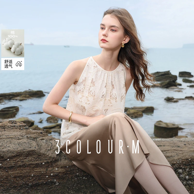 三彩2025夏季新款宽松无袖绣花娃娃衫衬衣圆领套头蕾丝衫减龄M