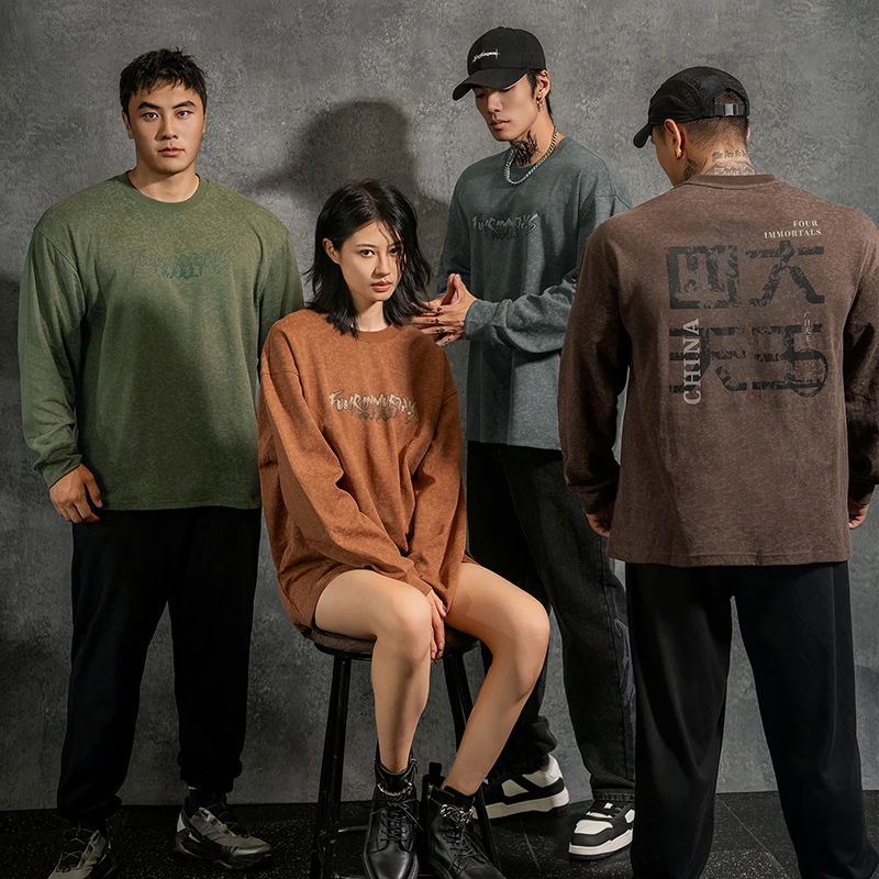 鹿家门秋季新品四大天王重磅国潮休闲宽松男印花长袖健身运动T恤