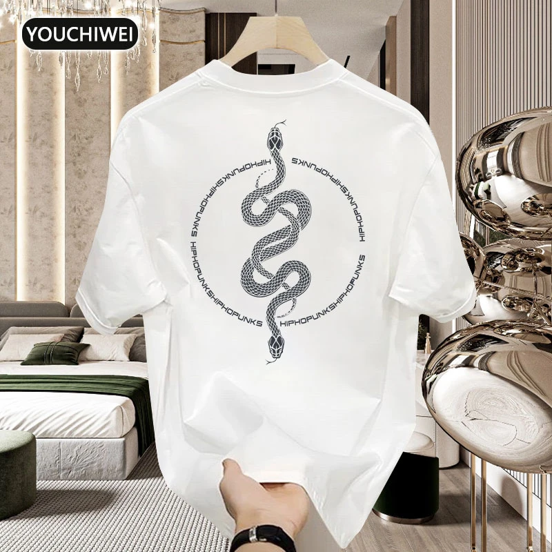 优驰威夏季重磅棉短袖t恤男女同款蛇圈印花百搭宽松大码痞帅上衣