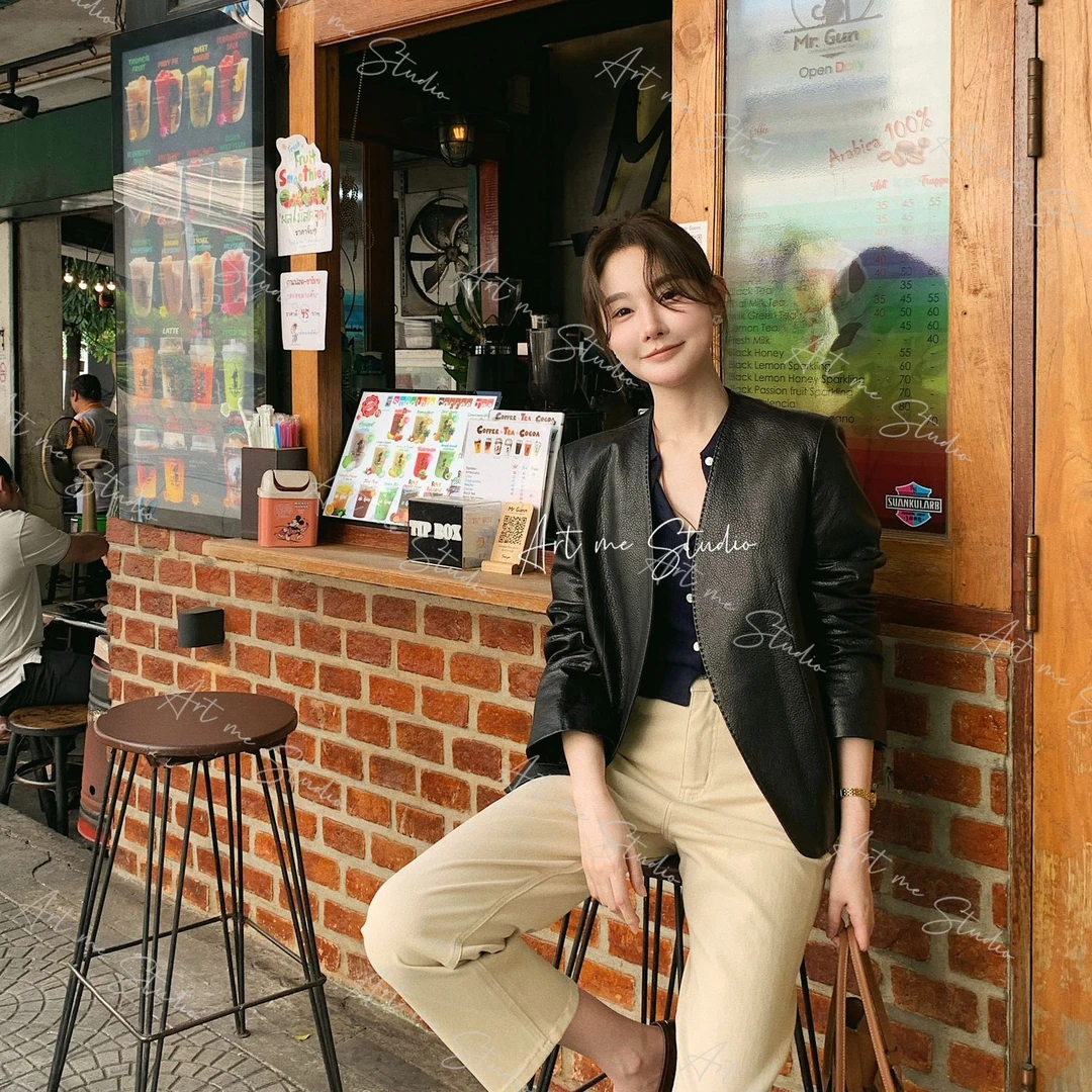 3姐【压纹纯羊皮V领廓形皮衣外套】气质休闲时尚    0215w24244